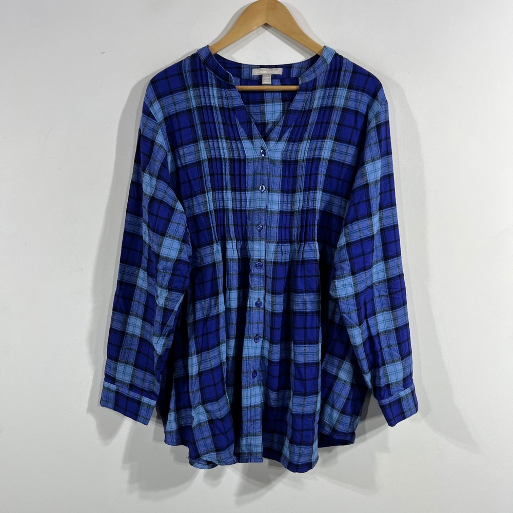 Woman Within Western Blue Plaid Pintuck Button Up Tunic Top 1X 22/24 Cotton Boho